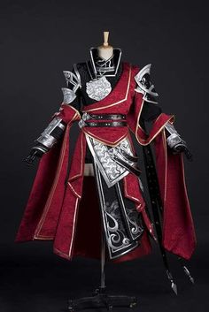 Beidou Outfit, Chinese Fantasy Outfit, Chinese Battle Outfit, Kimono Armor, Beidou Closet Cosplay, Kimono Battle Outfit, Red Warrior Outfit, Chinese Fighter Outfit, Red And Black Fantasy Outfit