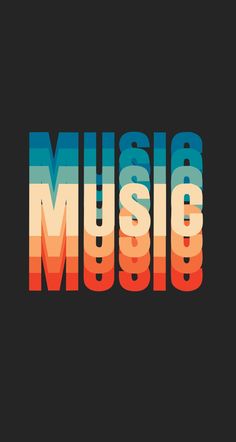 the word music is made up of multicolored letters on a black background with an orange and blue stripe