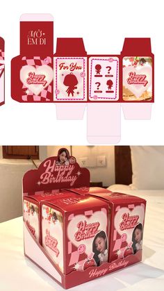 two boxes with the same design on them, one is red and the other is pink