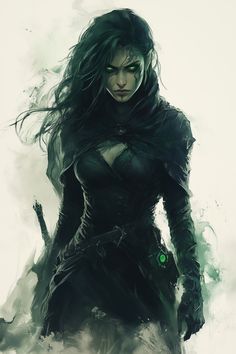 Myriath Xyldra possesses obsidian skin, smooth and unblemished, which absorbs light rather than reflecting it. Her hair flows like shadow, a cascade of deep indigo that falls to her waist. Her elongated ears extend gracefully, adorned with silver cuffs that resemble claw marks. Her eyes, a vivid green, are almond-shaped and appear to glimmer in darkness. A dark cloak, tattered and ethereal, drapes...