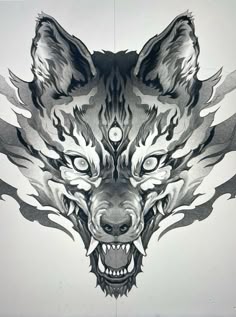 a drawing of a wolf's head with flames coming out of its mouth and eyes