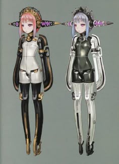 two anime characters are standing next to each other with swords on their heads and hands