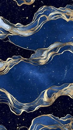an artistic blue and gold painting with stars in the sky