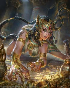 a painting of a woman dressed in egyptian garb and holding a pot with gold coins