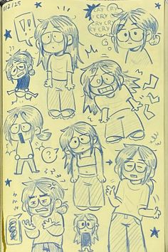 an open notebook with drawings of people and stars on the pages, in blue ink