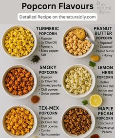 different types of popcorn in bowls on a white surface with text overlay that says popcorn flavors