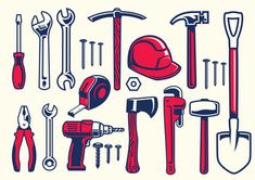 various tools are shown in red and blue, including hammers, wrenches, pliers, and more
