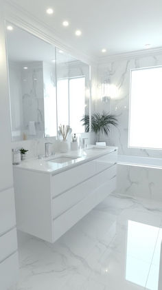 a white bathroom with marble flooring and large mirror on the wall above the sink
