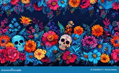 colorful flowers and skulls on a dark blue background stock photo - image 349872