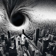 a black hole in the middle of a city with buildings and skyscrapers around it