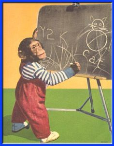 Monkey Sitting At Desk, Monkey Studying, Studious Monkey, Monkey Going To School, Vintage Chimp Art, Vintage Monkey Photos, Chimpanzee Postcards, Monkey Hanging From Tree Illustration, Vintage Monkey Postcard