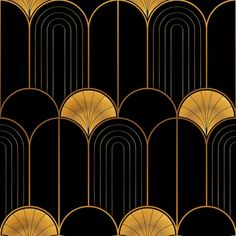 an art deco style wallpaper with gold fan shapes on black and gold foiled paper