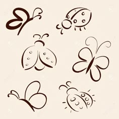 four different types of ladybugs and butterflies on a beige background with black outline