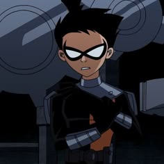 an animated character with black hair and white eyes