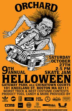 an orange poster with black and white graphics on it, featuring a skeleton riding a skateboard