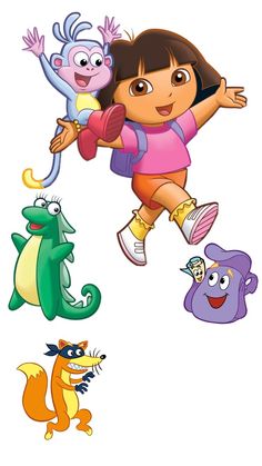 dora the explorer and her friends are flying through the air with their arms out to catch something