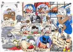 an image of many cartoon characters in the same room with words written on their faces