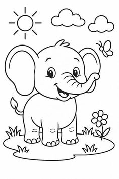 an elephant is standing in the grass with flowers and a butterfly flying over it's head