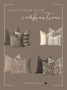 pillows with different patterns on them and the words, crafted throw pillow combinations are in white lettering