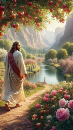 jesus walking down a path with flowers and mountains in the background, surrounded by pink roses