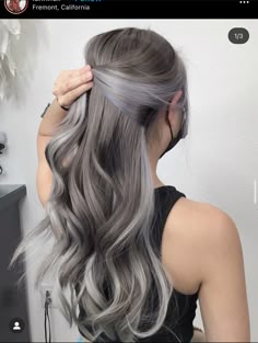 Ash Grey Underneath Hair, Violet Blonde Balayage, Ash Grey Peekaboo Hair, Steel Hair Color, Ash Colour Highlight, Steel Silver Hair, Ash Grey Underlights, Highlight Ash Grey, Hair Color Silver