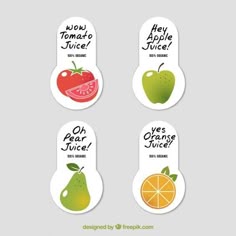 four stickers with different fruits and vegetables on them, one has an apple, the other