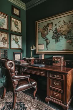 a chair sitting in front of a desk with a map on the wall