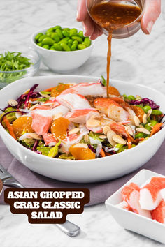 See that dressing pour? This Asian Chopped Crab Classic Salad is bursting at the seams with flavor!​ Crab Rangoon Salad, Chinese Crab Salad Recipe, Asian Seafood Salad, Colorful Asian Seafood Salad, Asian Crab Salad Recipe, Chinese Crab Salad, Asian Crab Salad, Easy Crab Salad Dish, Healthy Crab Salad Dish