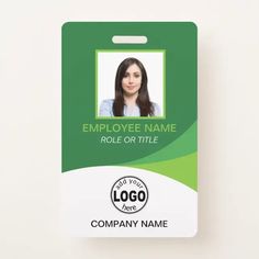 a green employee id badge with a woman's face on the front and side