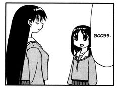 an anime character is looking at another person with long hair and the caption reads boos