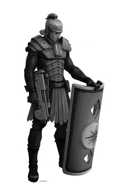 a black and white drawing of a soldier holding a shield