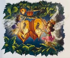 an illustration of two pumpkins being cut into pieces with fairy tale characters on them