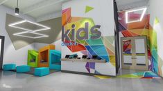 the interior of a children's clothing store with brightly colored walls and colorful furniture