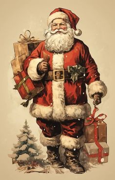 a painting of santa claus holding presents in his hand