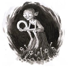 a black and white drawing of a skeleton holding a ring in its mouth with bones around it