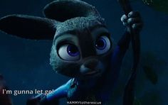 an animated rabbit with blue eyes holding a stick in his hand and saying i'm guna let go