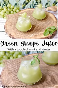 Green grape juice in two glass cups, with green grapes and mint leaves garnishing.