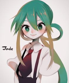 Jade Character, Jade The Jellyfish Fanart, Jade Character Design, Jade Fan Art, Jade Houseki No Kuni, Character Design Green Hair, Green Haired Oc, Cactus Girl Oc, Land Of The Lustrous Hair