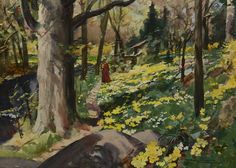 a painting of a woman walking through a forest with yellow flowers in the foreground
