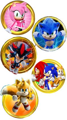 four sonic the hedgehog coasters on a white background