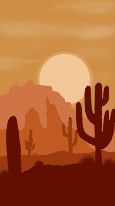 a desert scene with cactus trees and mountains in the background