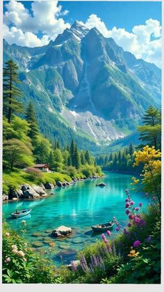a mountain lake with boats in it and flowers growing on the shore, surrounded by greenery