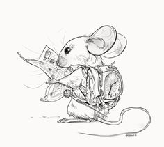 a drawing of a mouse with a clock in it's back pocket, holding a piece of paper