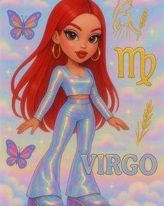 a painting of a girl with long red hair and blue pants in front of a sky background