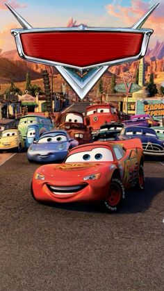 the cars from disney pixas movie are in front of a cityscape