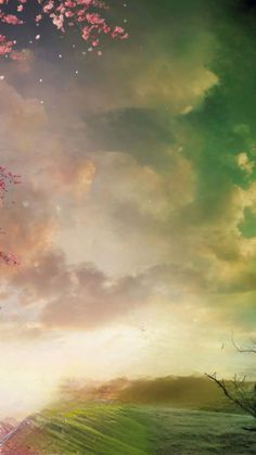 a painting of a tree with pink flowers in the foreground and a green field behind it