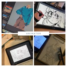 four different pictures of anime characters in various stages of drawing and using an ipad to draw them
