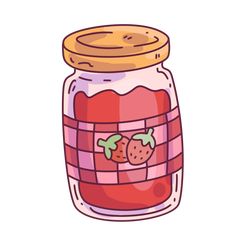 a jar filled with jam and two strawberries