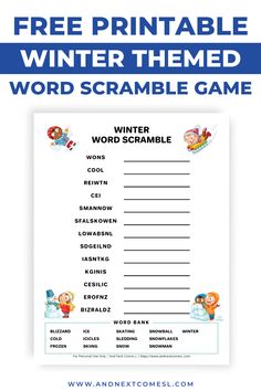 This free printable winter word scramble game is perfect for teaching kids winter themed words and vocabulary! It includes two versions (one with a word bank and one without). And yes it comes with answers! Winter Unscramble Words For Kids, Winter Word Scramble With Answers, Winter Word Scramble For Adults, Winter Word Wobble Printable, Winter Word Scramble Free Printable, Winter Word Scramble Solution, Winter Word Scramble, Winter Themed Word Scramble, Winter Word Scramble Game