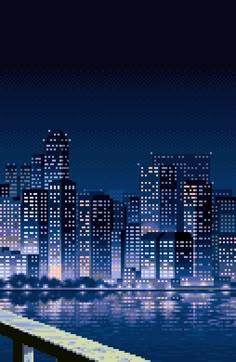 an image of a city at night with lights reflecting off the water and buildings in the background